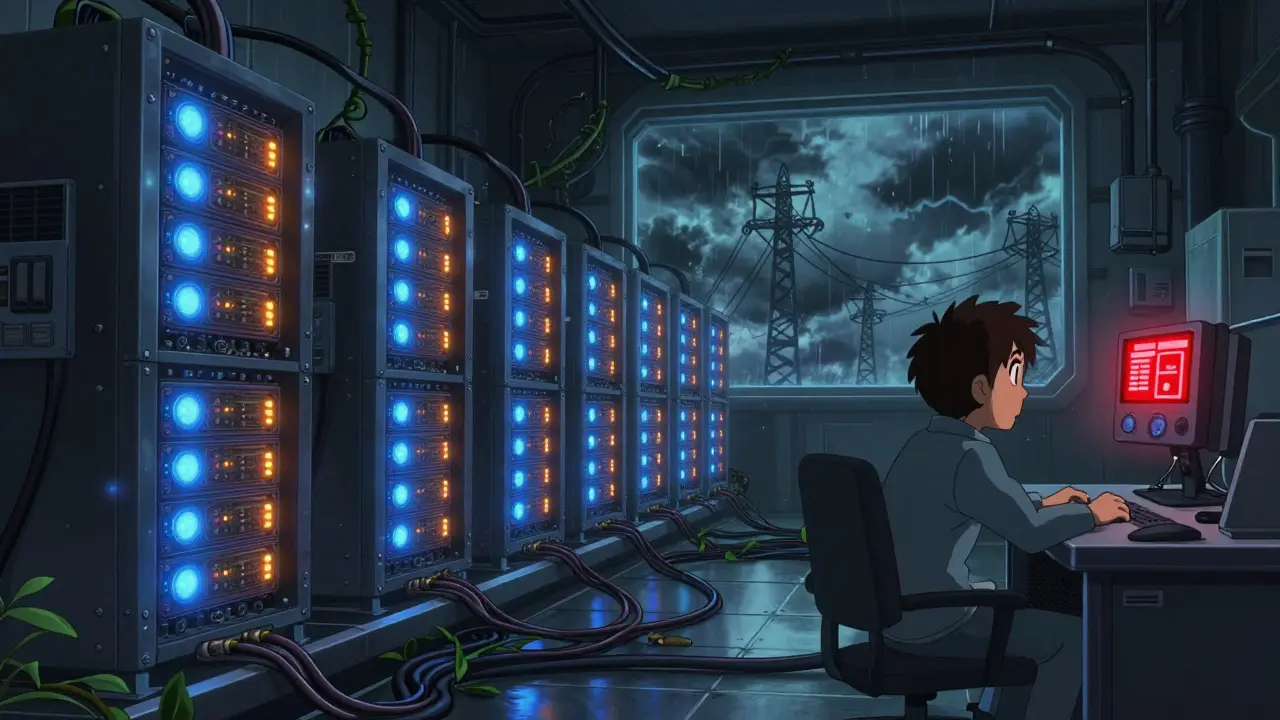 Rows of glowing computer servers in a dark industrial mining facility.