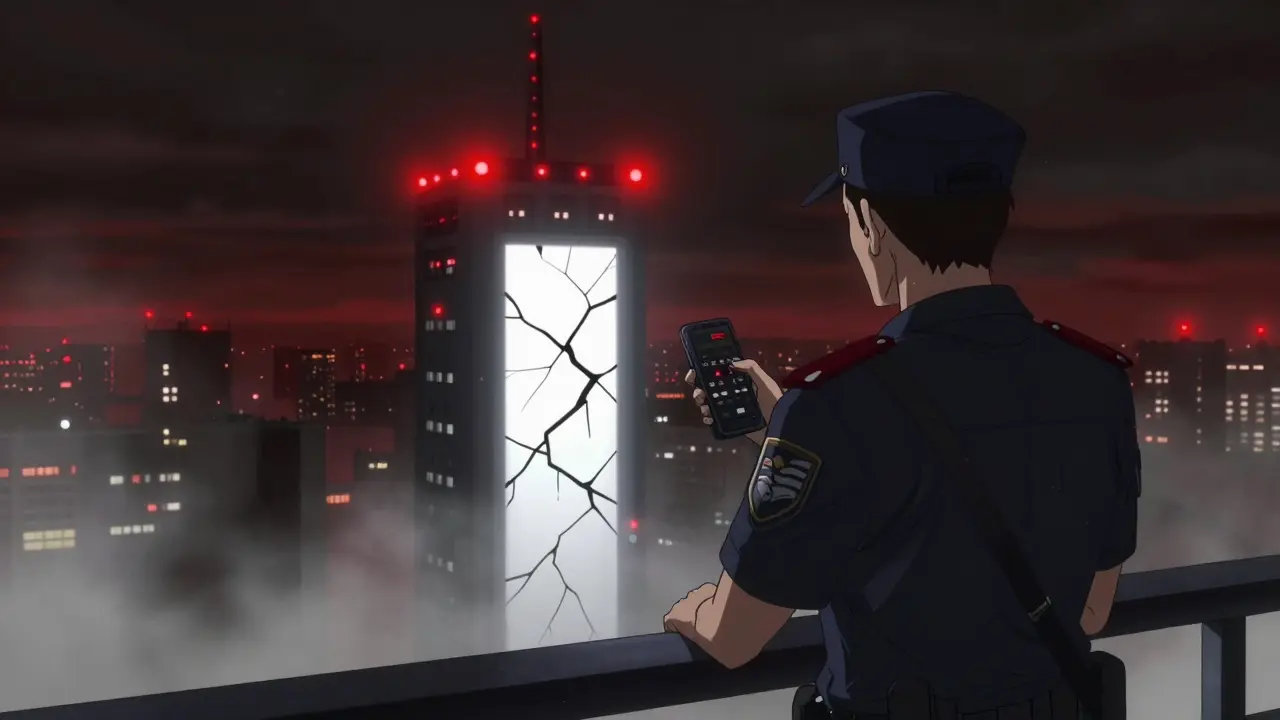 Security officer scanning digital tower for hidden cracks