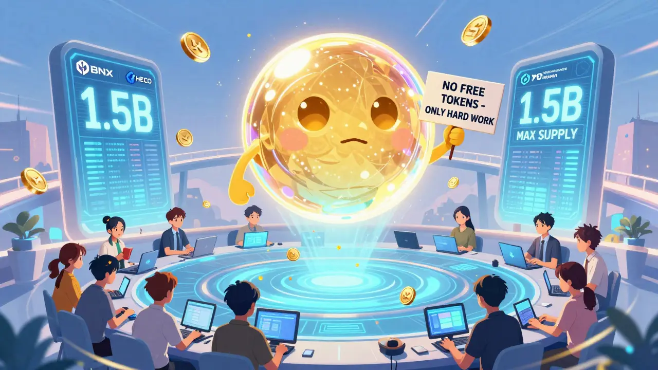 The MDX token as a glowing orb above a blockchain ledger, with users earning rewards through honest trading and staking.