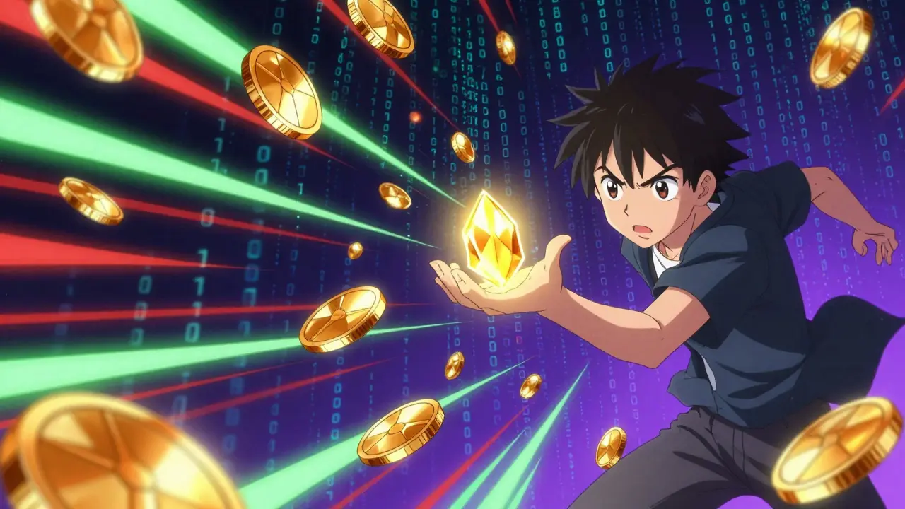 Traders chasing glowing coins through an abstract energy tunnel.