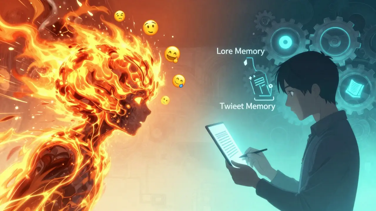Two contrasting sides of an AI mind: chaotic instinct on the left, calm logic on the right, with memory banks and human review.