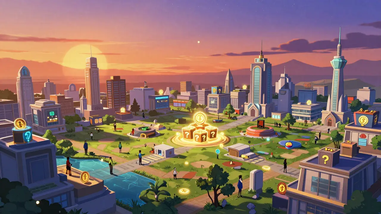 Virtual metaverse world with buildings and token currency