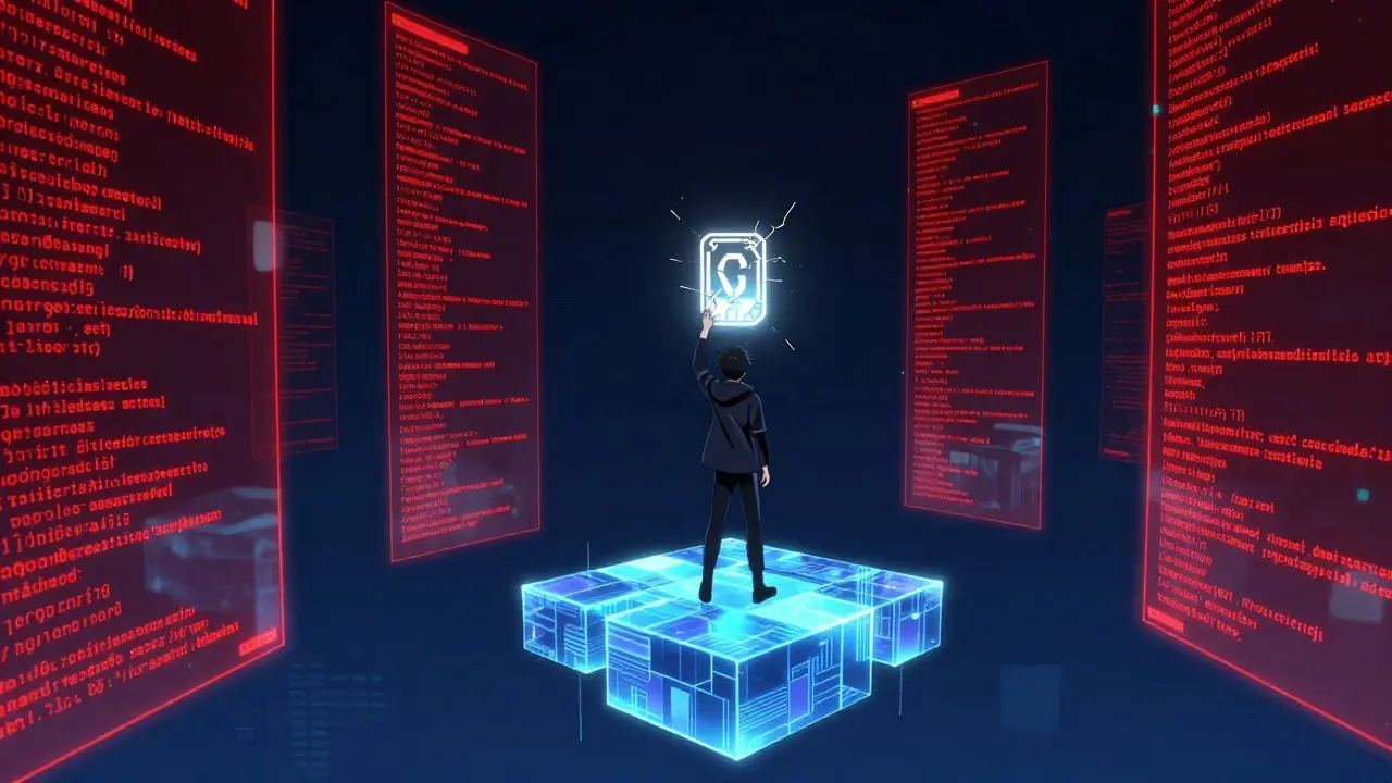 A gamer on a digital platform surrounded by red warning signs and frozen code.