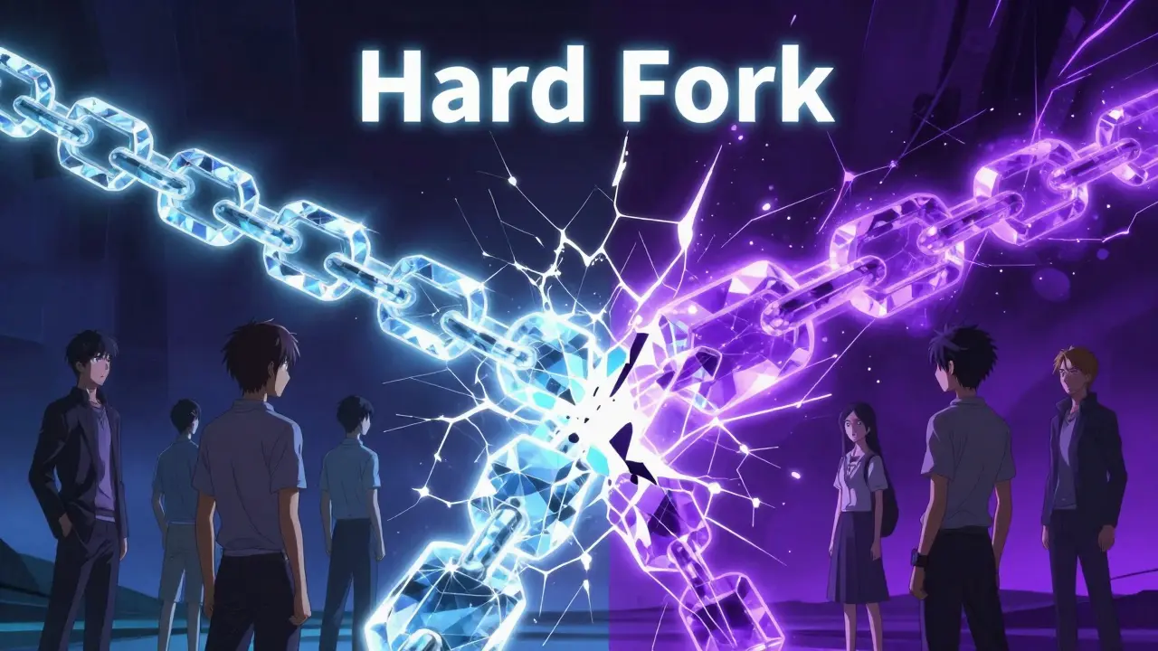 A glowing digital chain splitting into two separate paths in a dramatic anime style