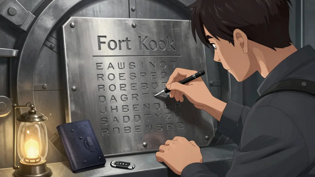 A person engraving a recovery phrase into a steel plate inside a secure high-tech vault.