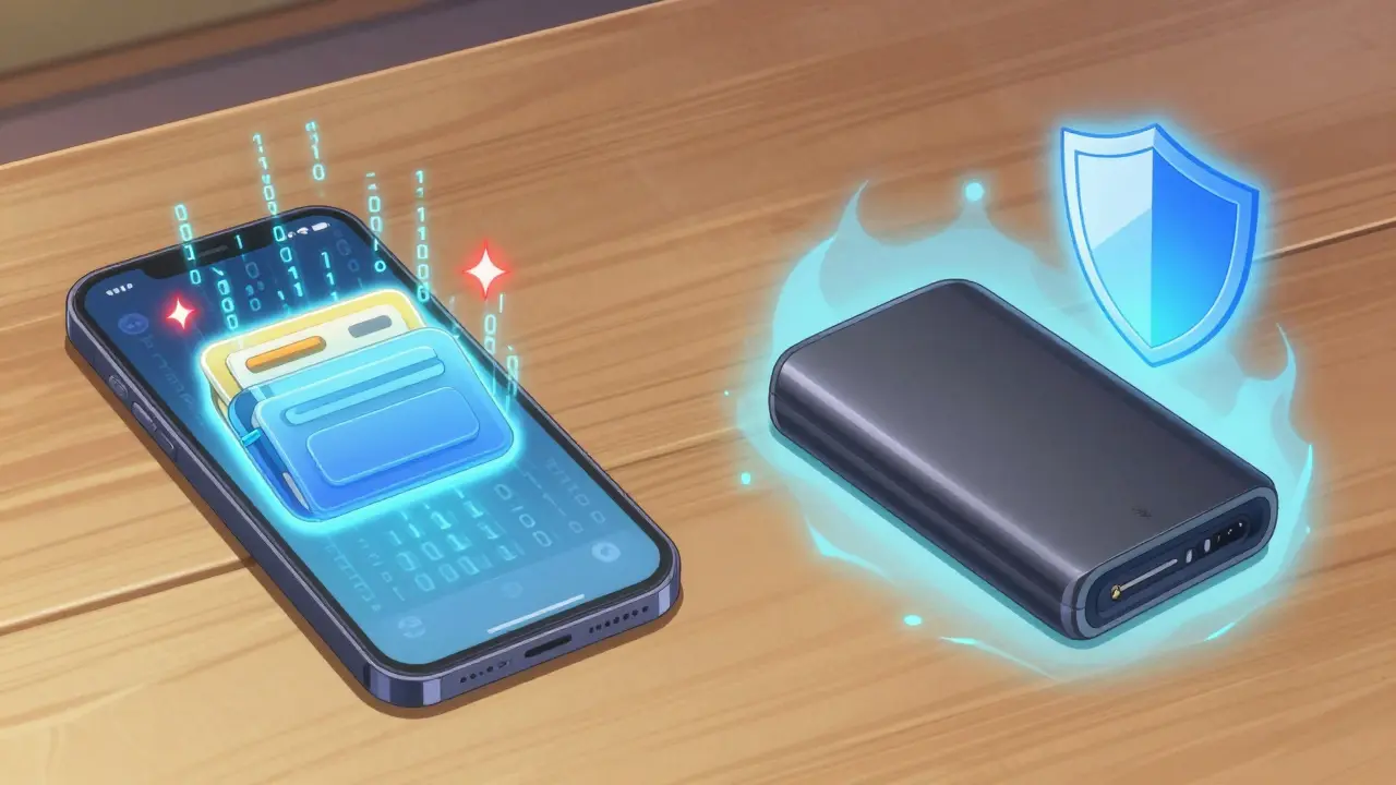 A split-screen showing a vulnerable digital smartphone wallet and a secure physical hardware wallet.