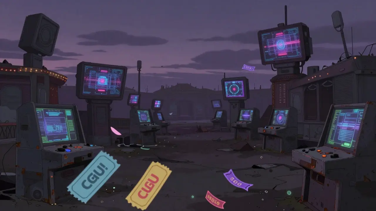 Abandoned futuristic digital carnival with colorful tickets blowing in the wind.