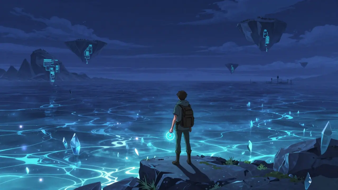 Anime adventurer looking over a vast, quiet digital ocean in a surreal data landscape.