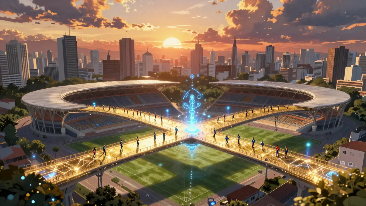 Anime art of a glowing digital bridge connecting a stadium to a blockchain network.