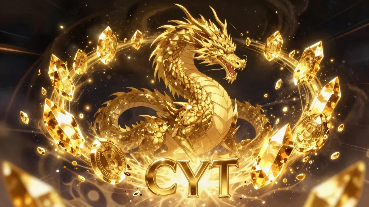 Anime art of a golden dragon surrounded by crystalline tokens and digital ash