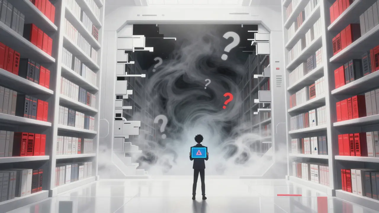 Anime character facing a void of missing data in a futuristic digital library.