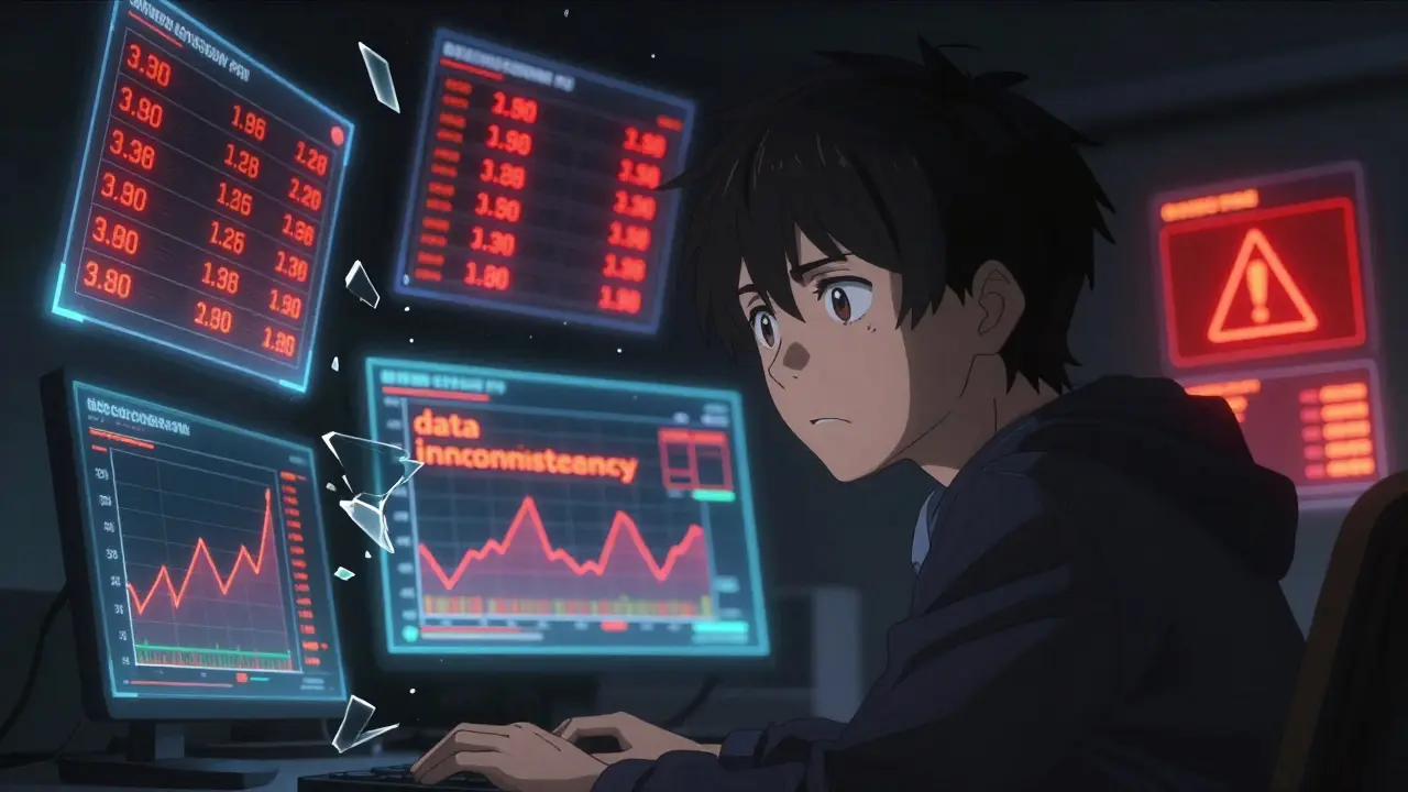 Anime character looking at conflicting holographic financial data and red warning alerts in a dark room.