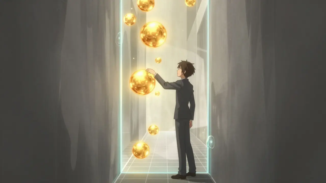 Anime character placing golden energy spheres into a narrow glowing price range corridor.
