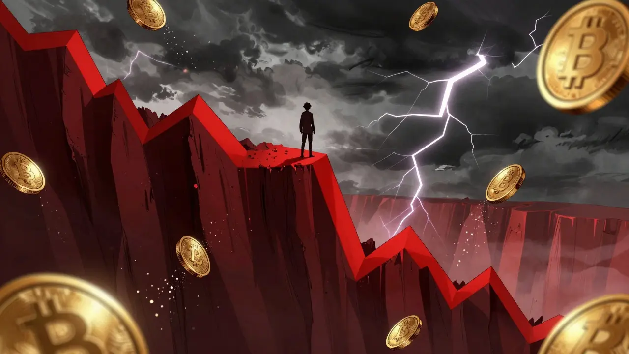 Anime character standing on a crashing red financial chart with dissolving gold coins