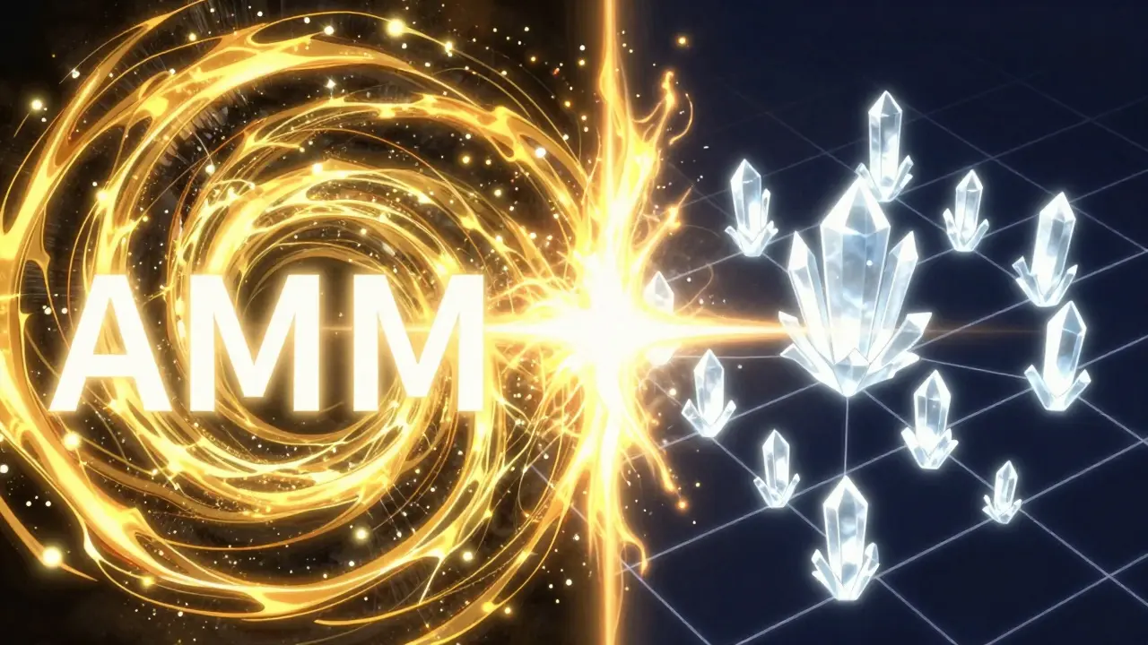 Anime conceptual art showing the merger of a golden energy vortex and a geometric crystalline grid