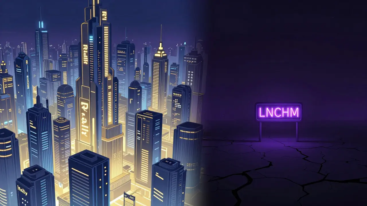 Anime depiction of a small LNCHM sign in a void next to a massive digital city.