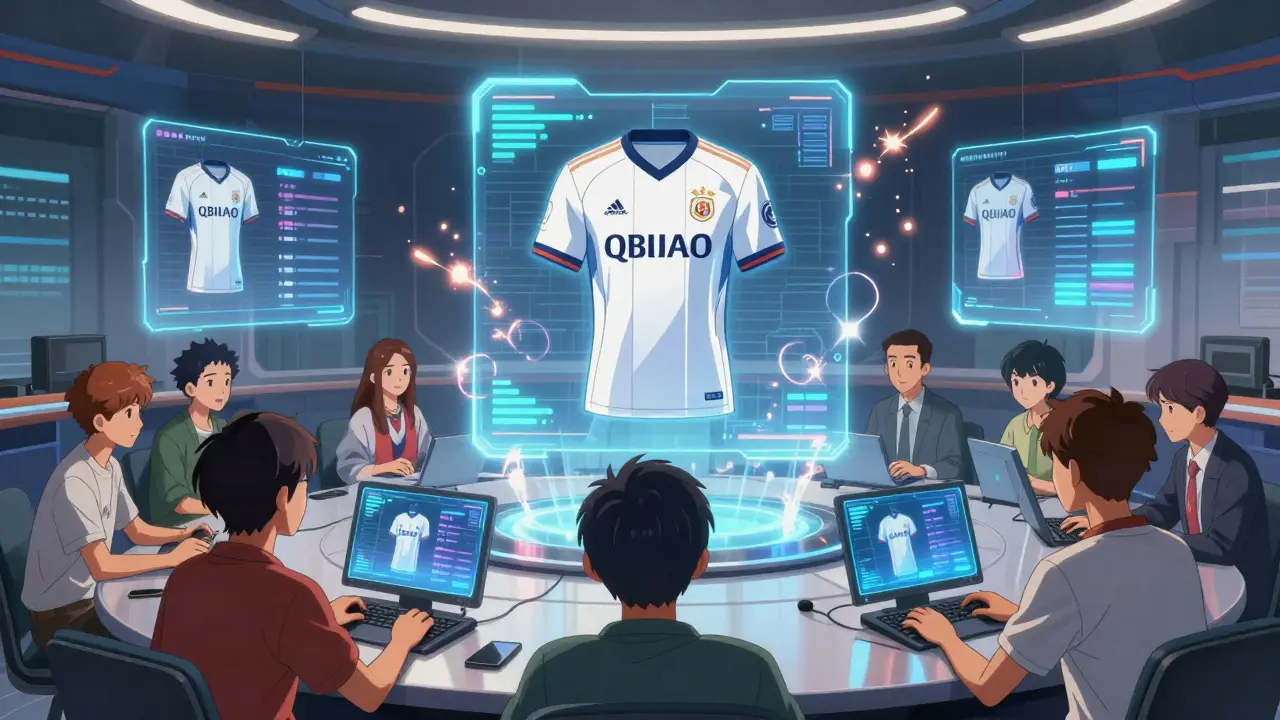 Anime fans voting on a holographic football jersey design in a digital room.