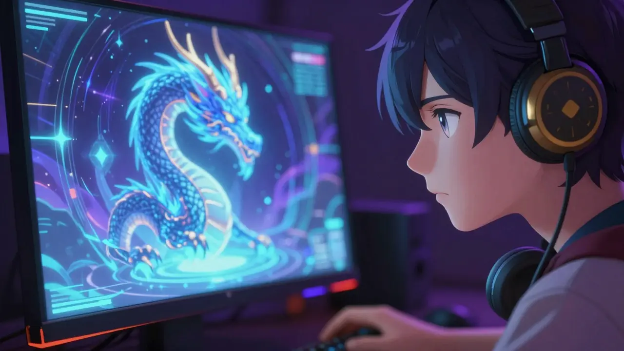 Anime gamer focusing on a digital screen with an ethereal dragon appearing