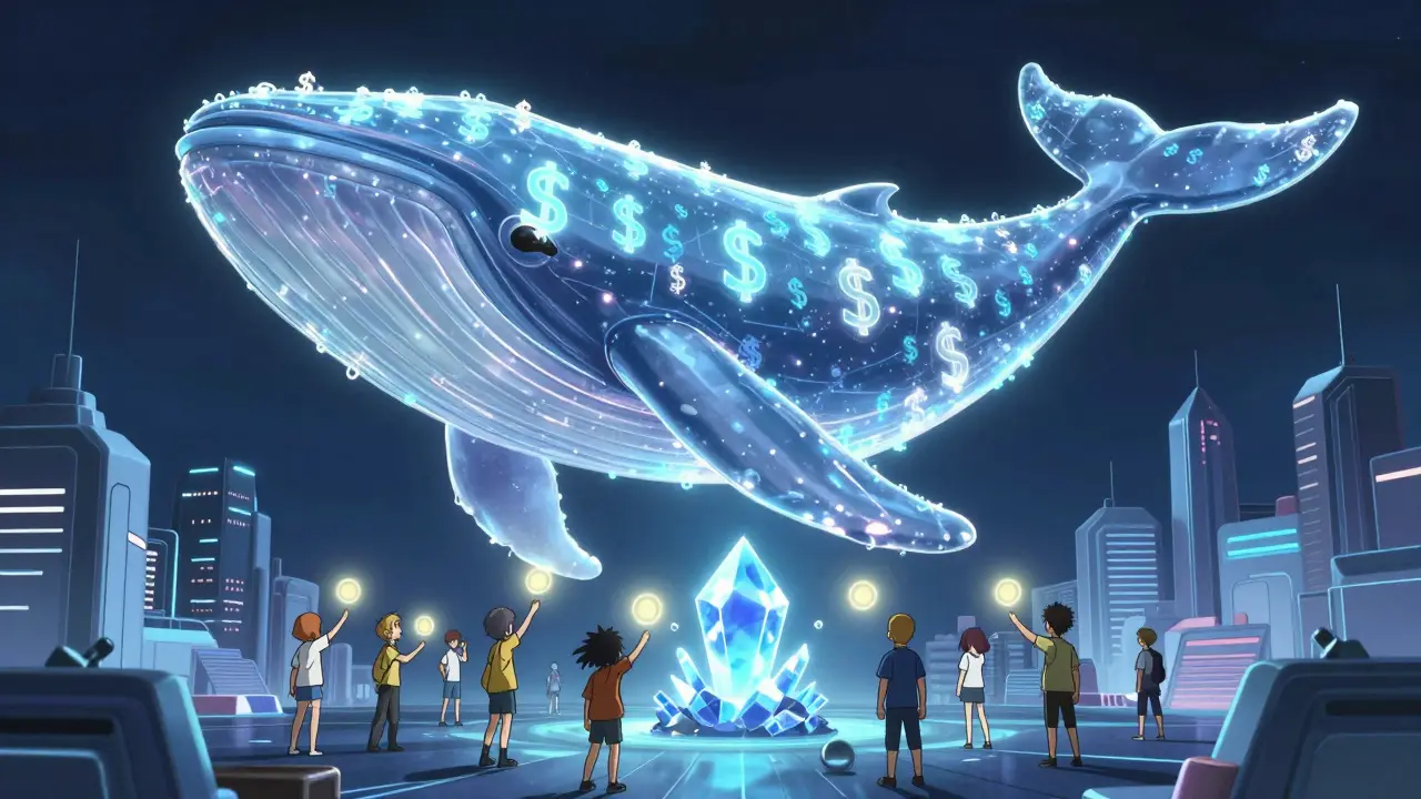 Anime illustration of a giant digital whale looming over people casting glowing votes in a futuristic city.