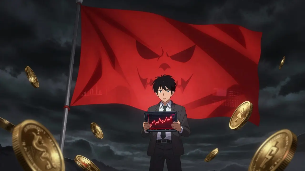Anime investor looking at a giant red flag and crashing price charts.