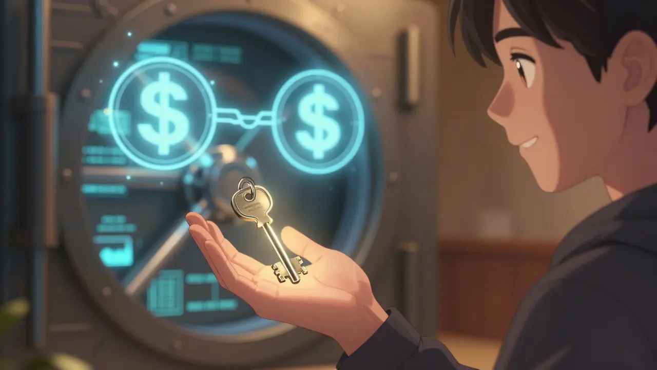 Anime person holding a glowing key with two different digital coins floating in the background