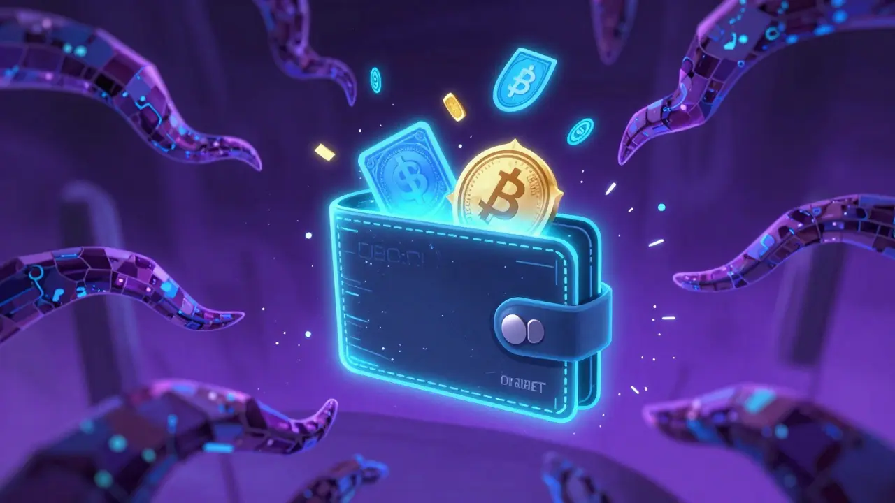 Anime representation of a digital wallet being drained by glitchy dark tentacles.