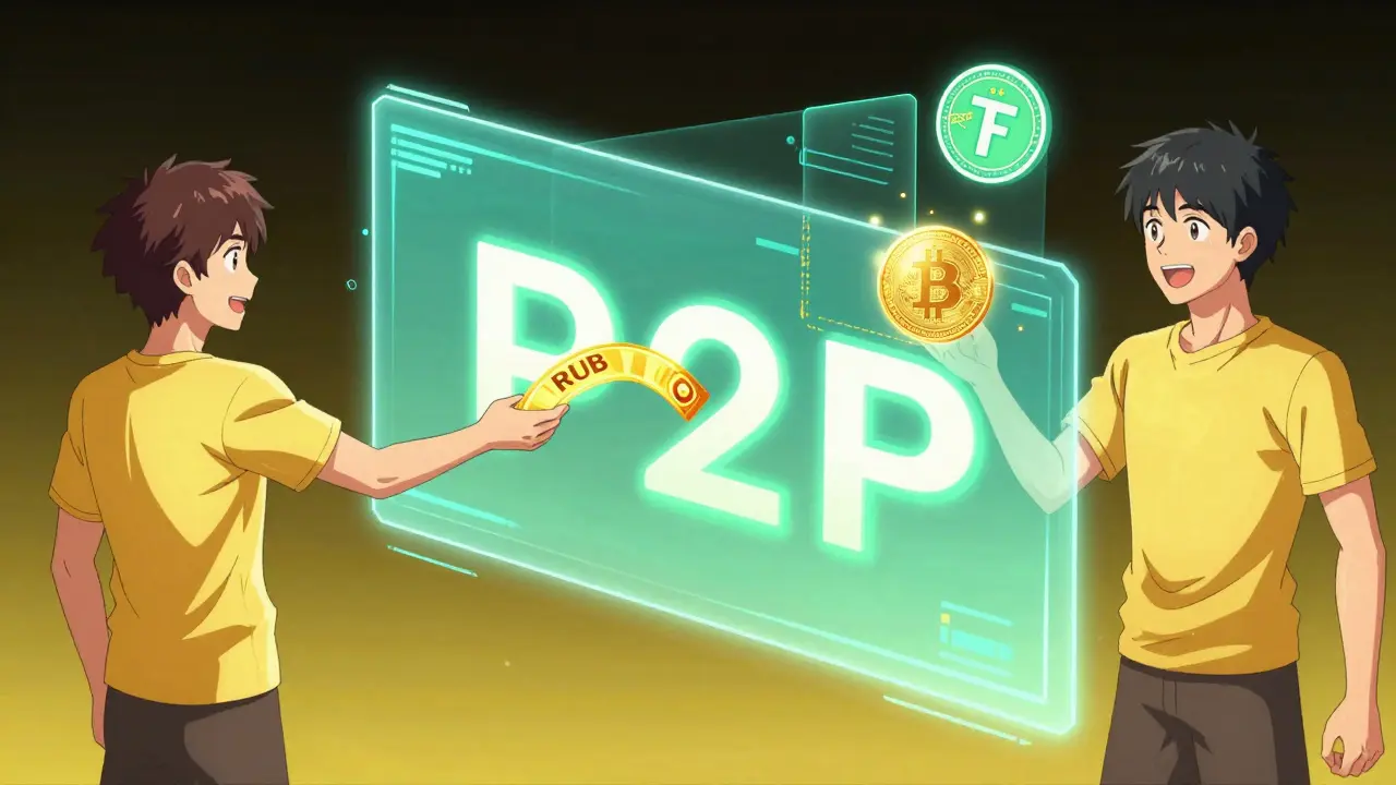 Anime representation of two people exchanging rubles for cryptocurrency via a digital bridge.