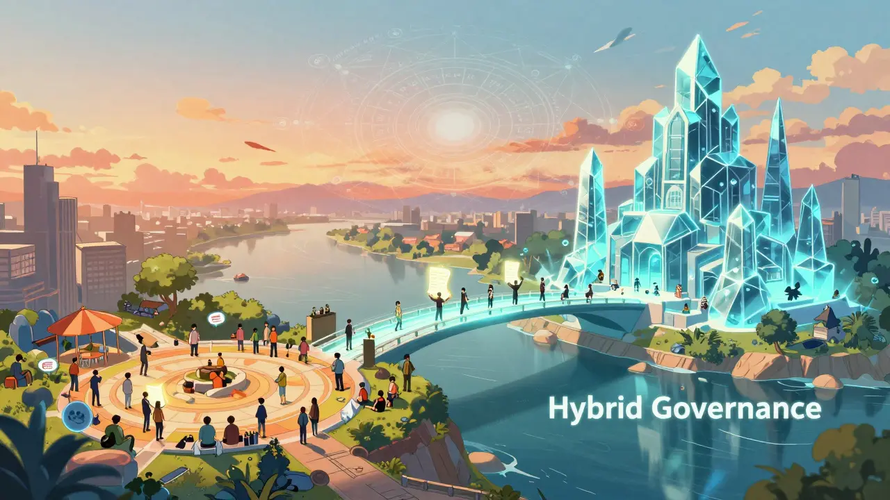 Anime scene of a glowing bridge connecting a community plaza to a crystalline digital fortress.