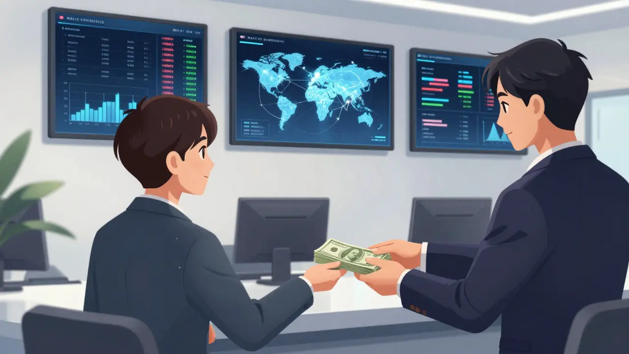 Anime scene of a person trading physical cash for cryptocurrency in a modern office.