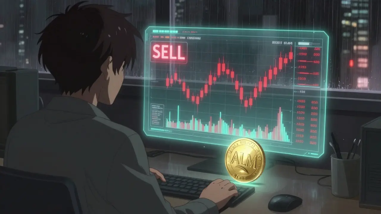 Anime scene of a trader looking at falling red financial charts and a glowing ALM coin on a desk