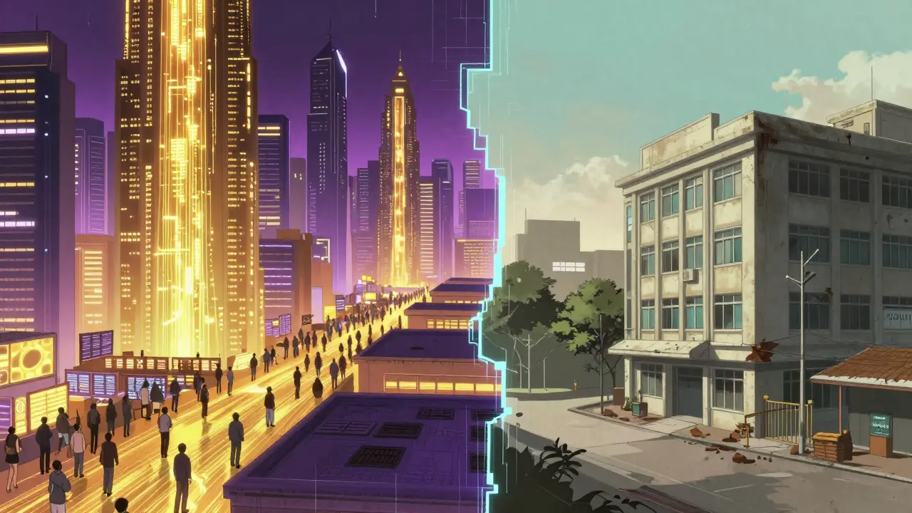 Anime split scene comparing a bustling digital city with a quiet, outdated office.