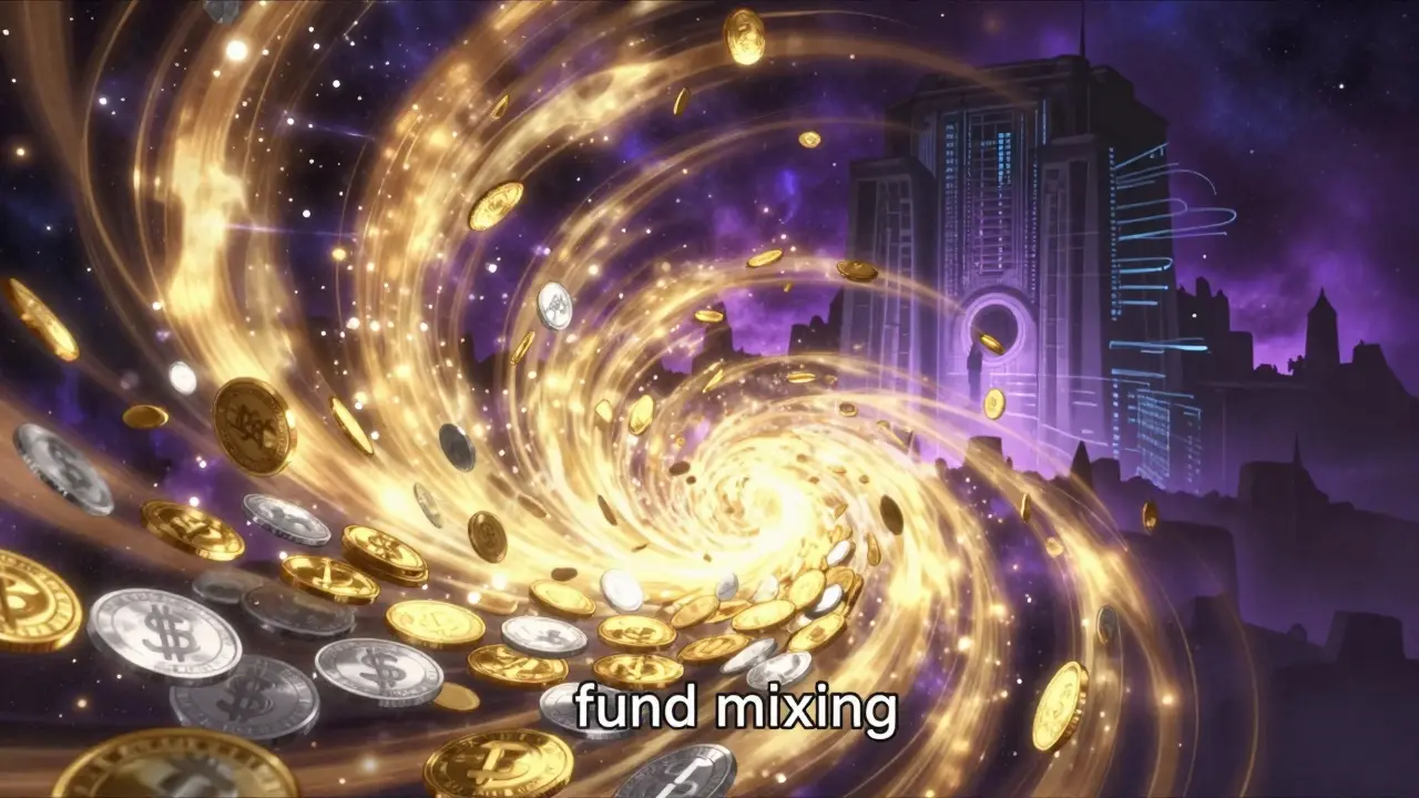 Anime visualization of stolen cryptocurrency coins merging into a glowing digital vortex