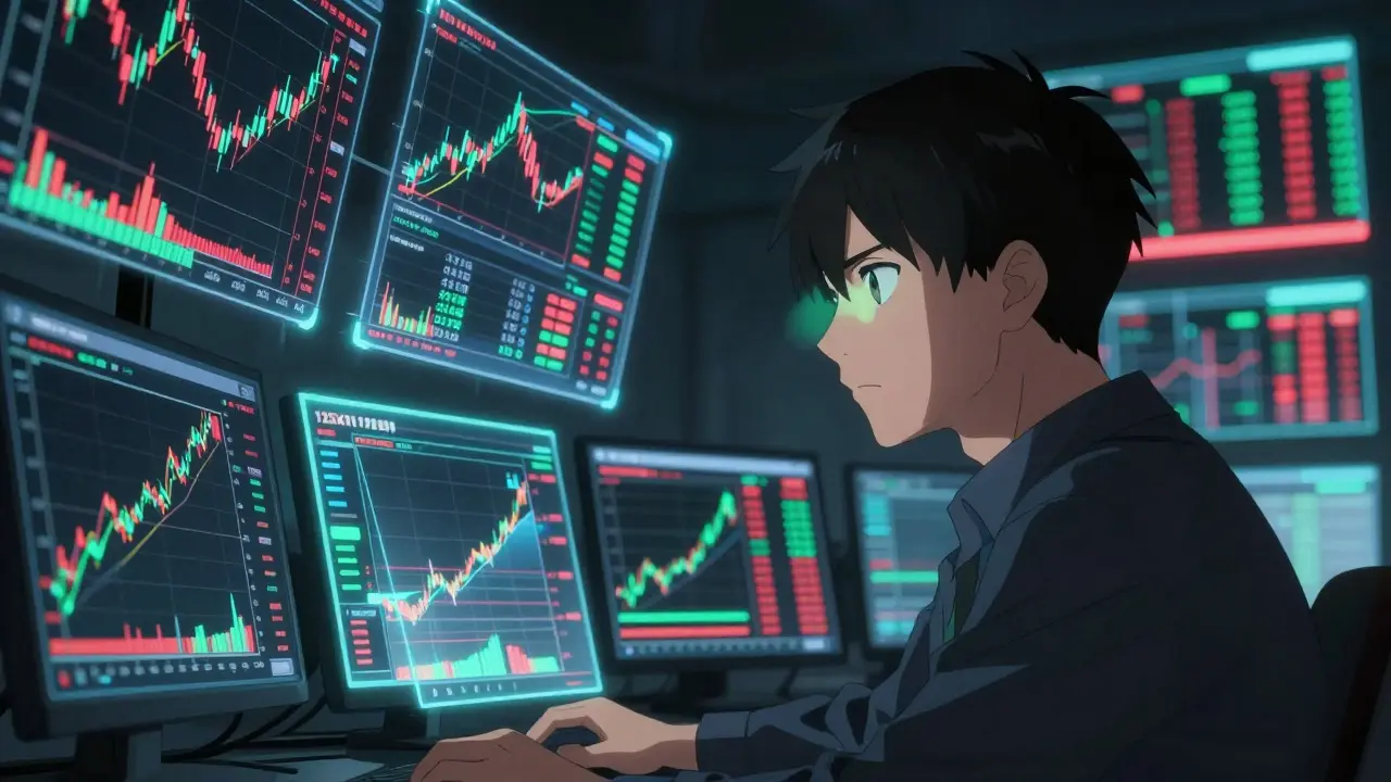 Determined anime trader analyzing complex holographic market charts in a cyberpunk setting.