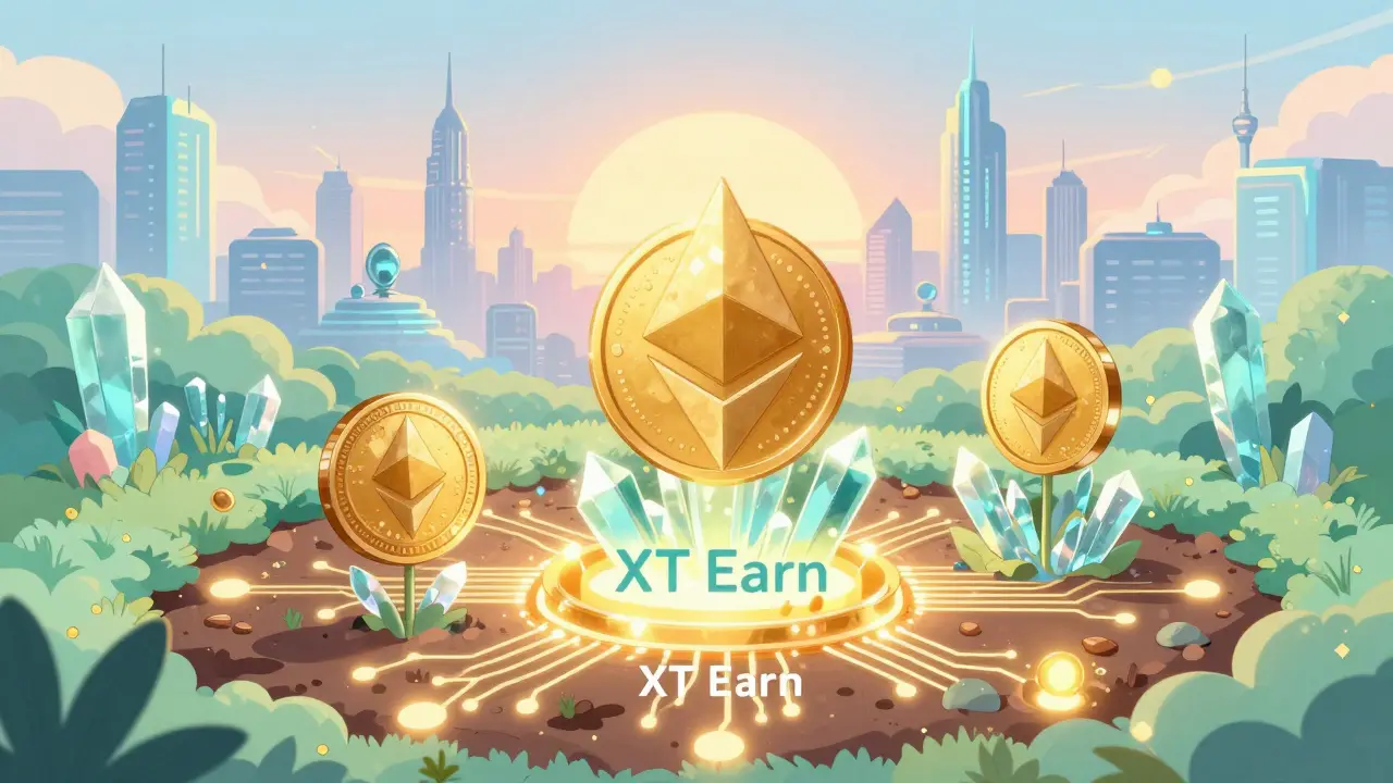 Digital anime garden with glowing crystal coins growing from a circuit board background.