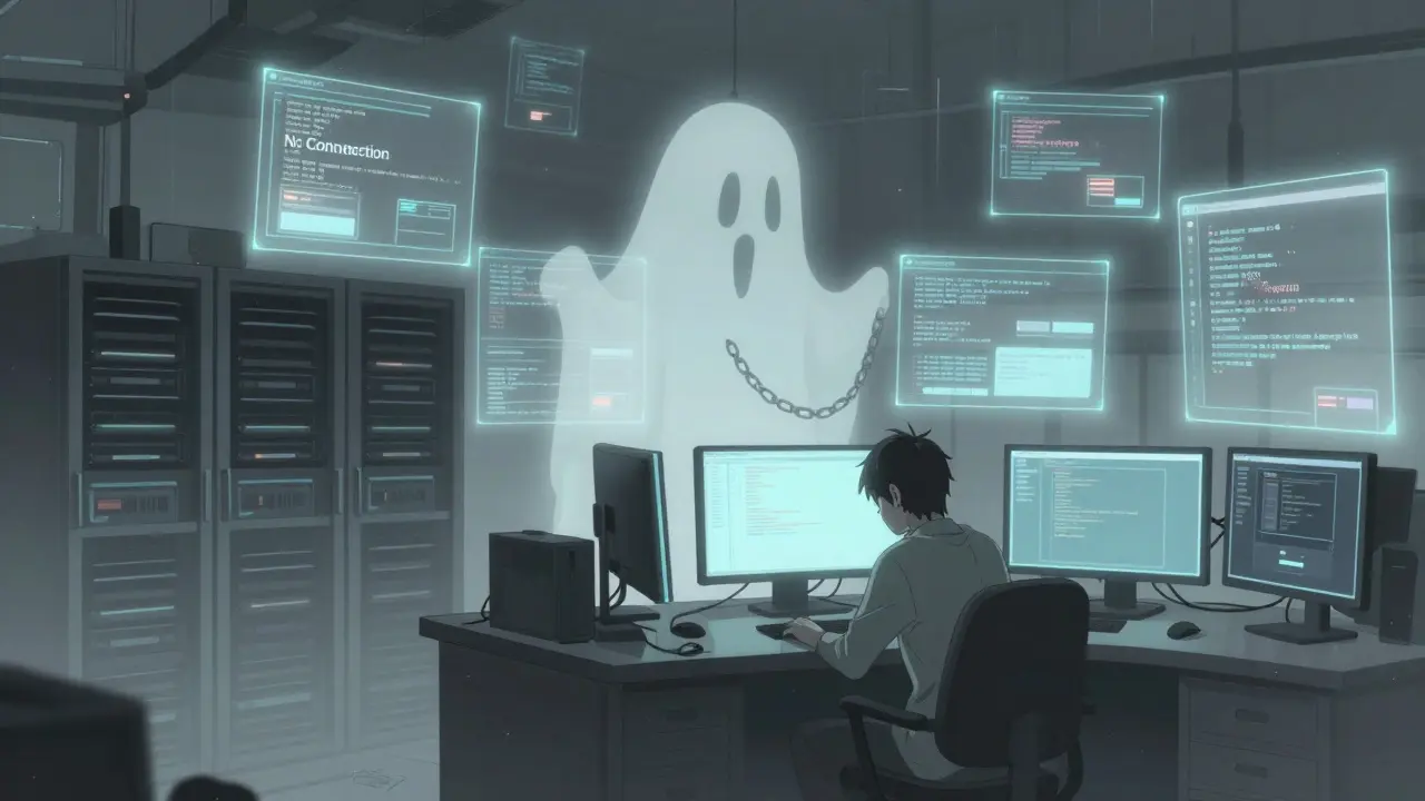 Lonely developer in a desolate, flickering futuristic server room in anime style