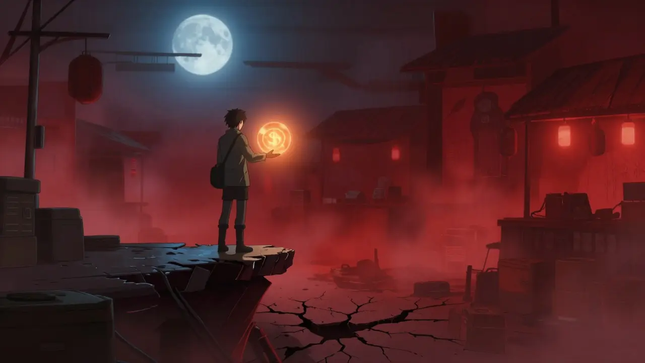 Trader on crumbling platform holding dimming currency orb