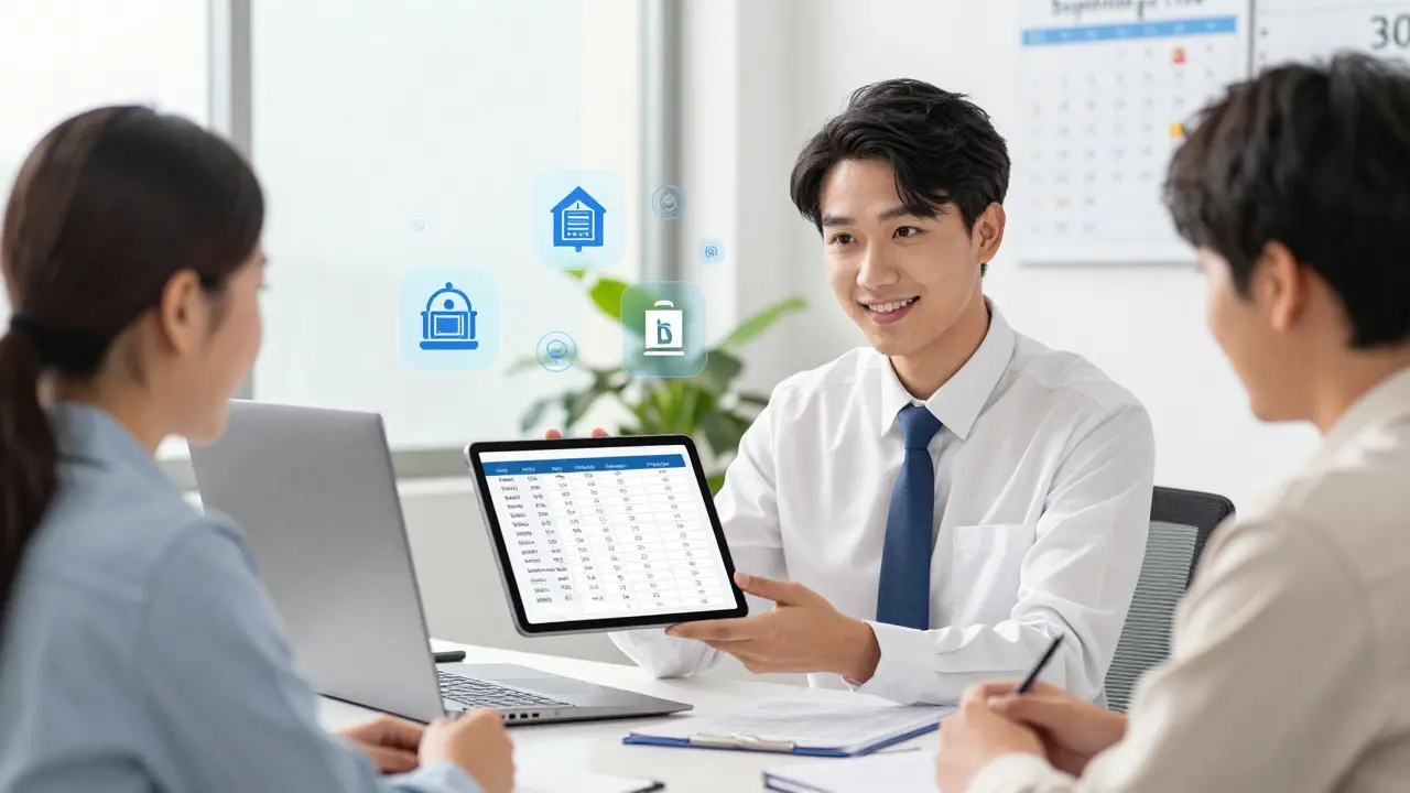 Anime accountant reviewing crypto records with a client in a sunny office.