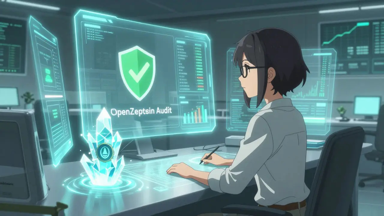 Anime analyst reviewing secure trading metrics and staking crystals on holographic screens.
