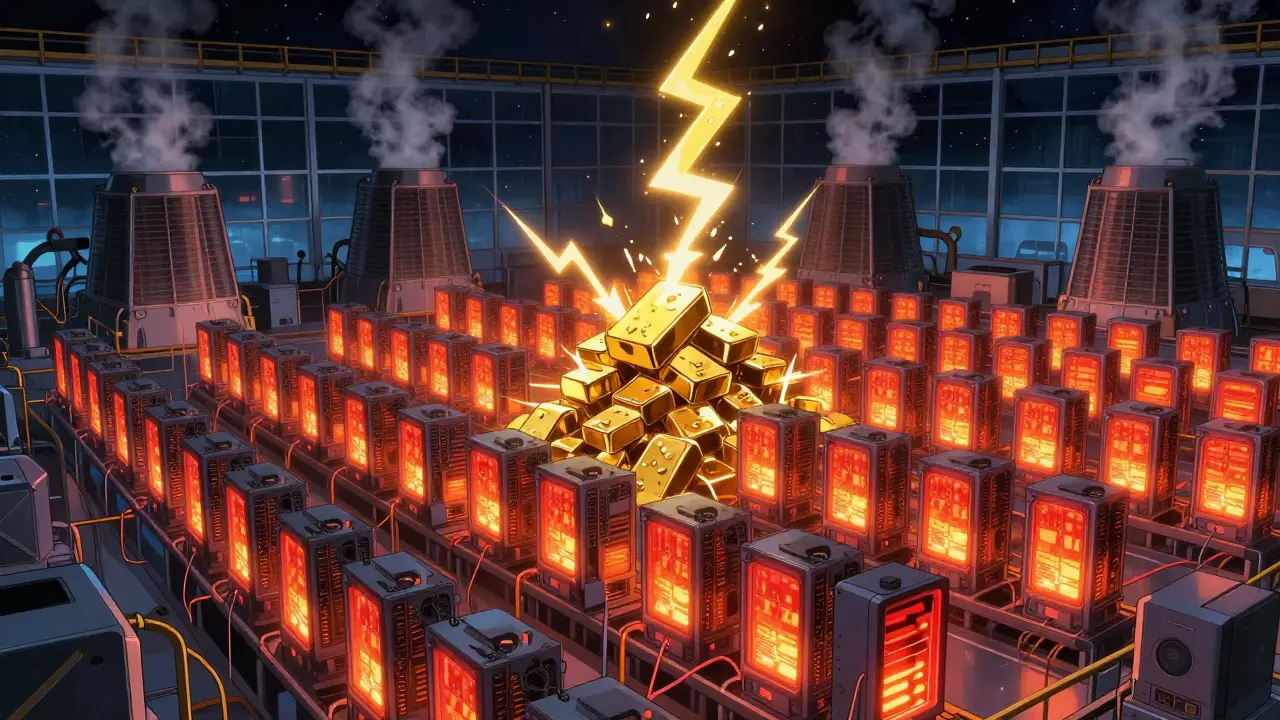 Anime art of a massive mining farm converting electricity into digital security