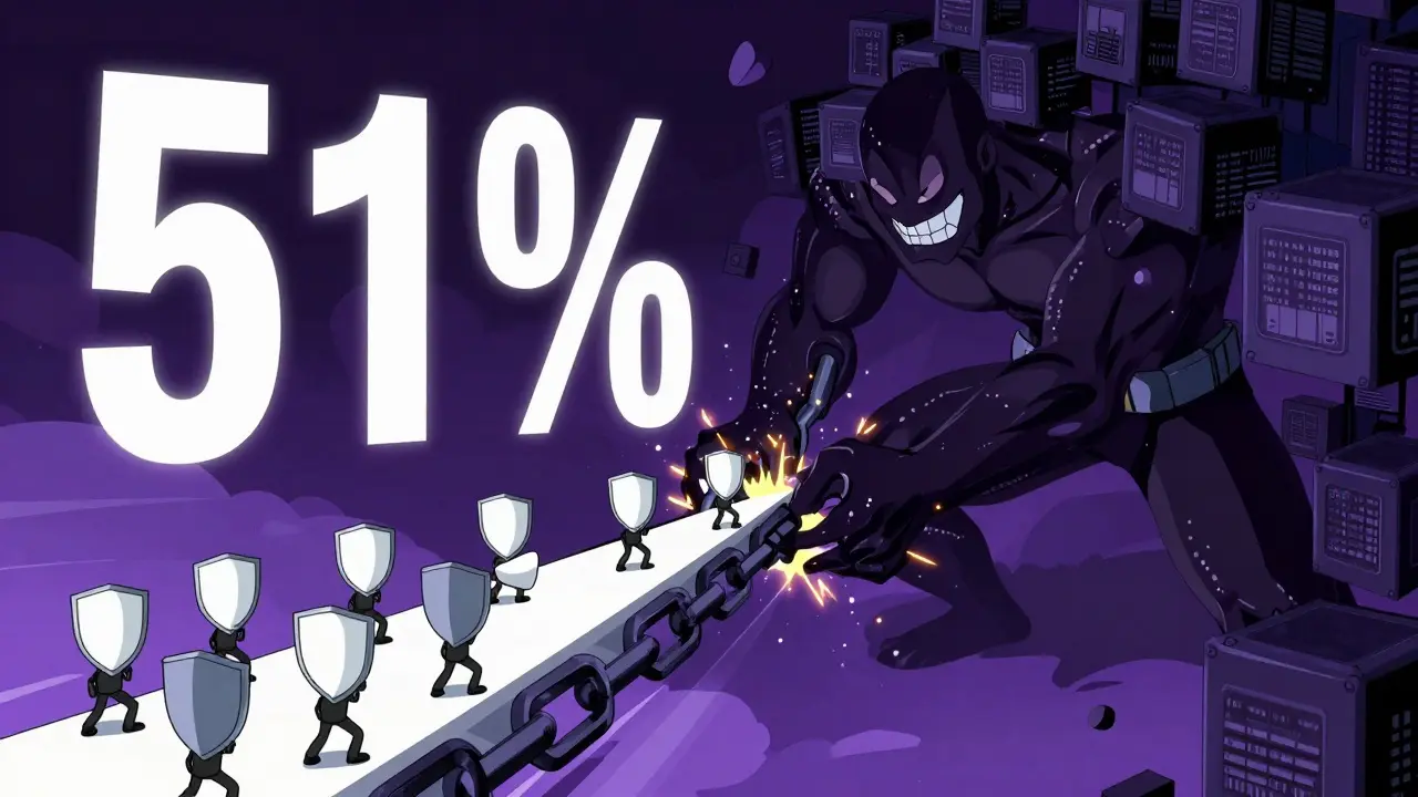 Anime art showing a 51% attack overwriting a blockchain with dark power.
