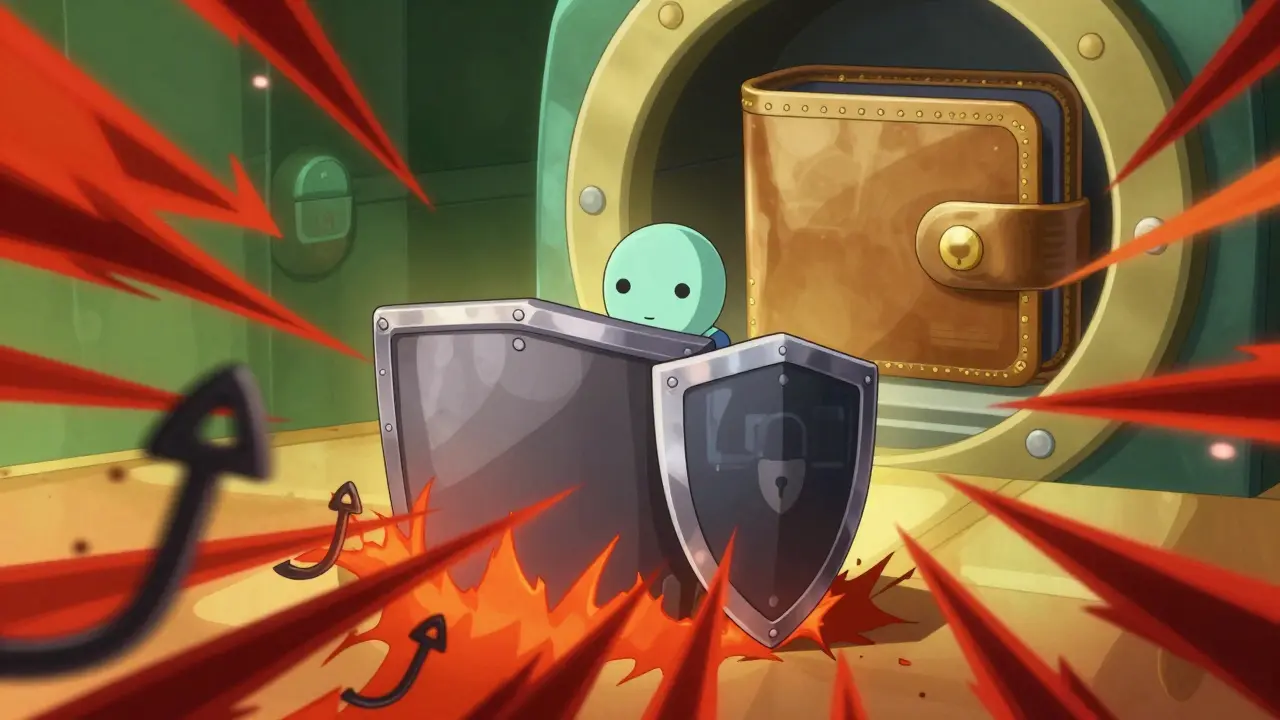 Anime avatar protected by a shield from red phishing attacks