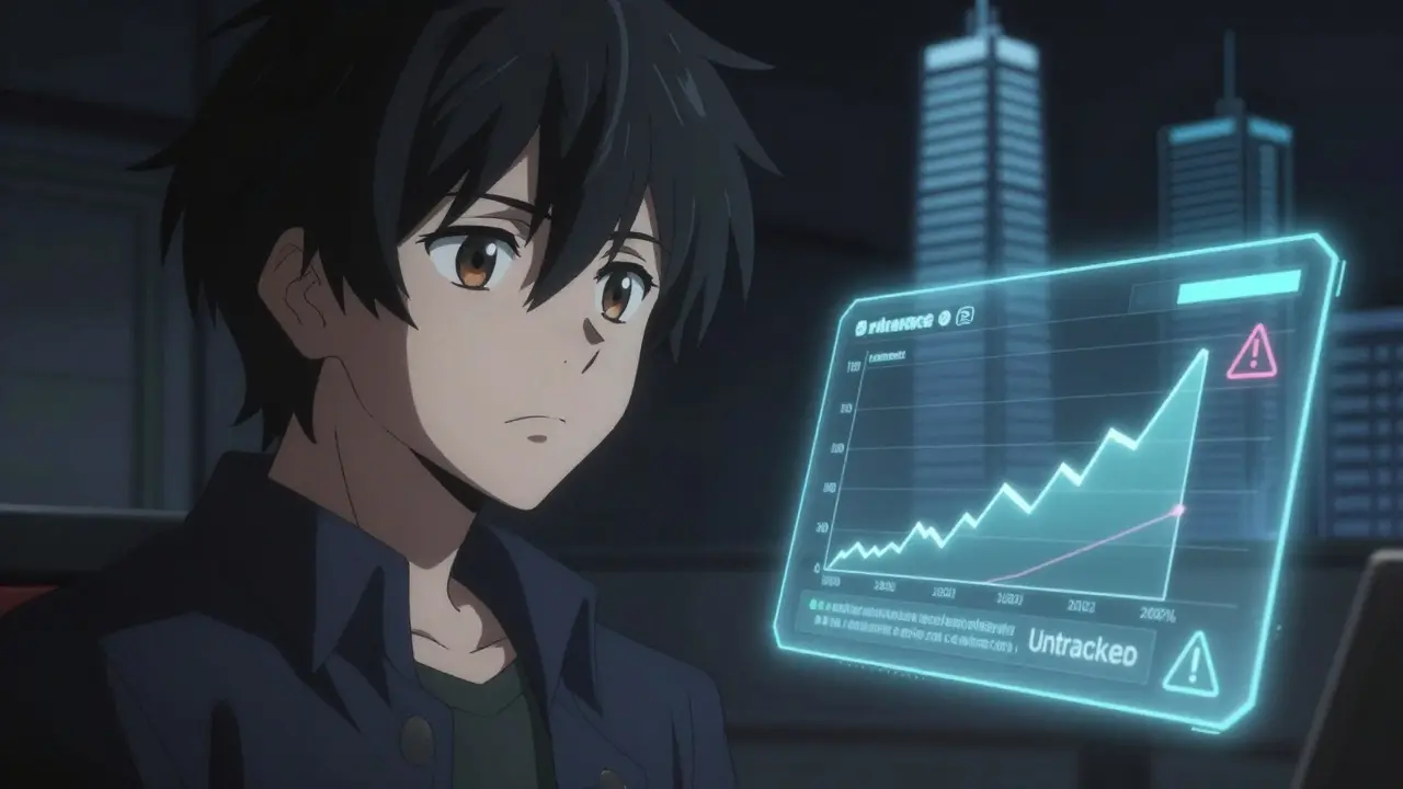 Anime character analyzing a low-volume trading chart with a skeptical expression.