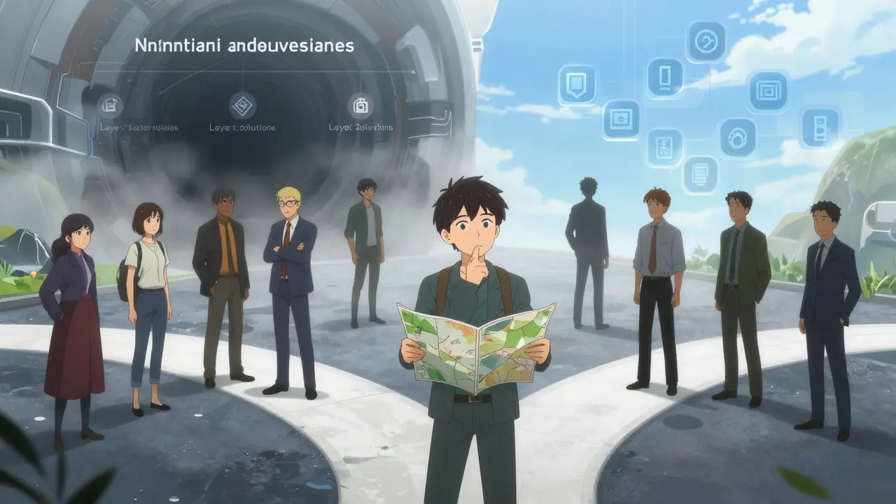 Anime character choosing a safe path over a risky digital abyss.