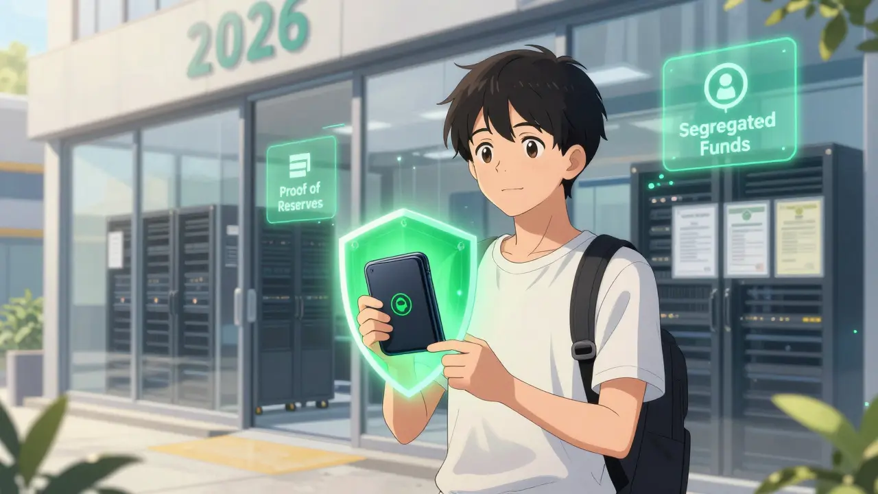 Anime character holding a secure hardware wallet with transparent exchange buildings behind.