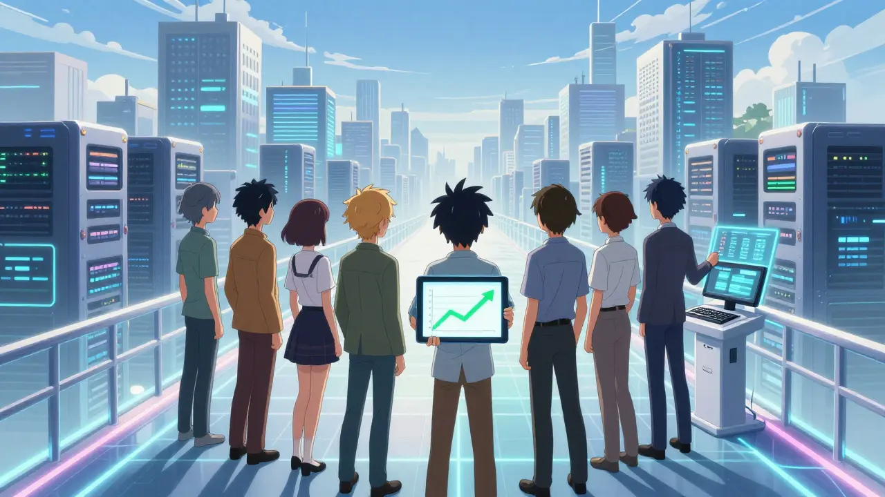 Anime characters on digital bridge overlooking organized server city