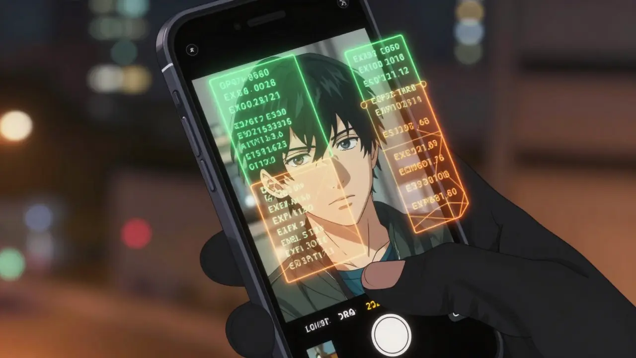 Anime close-up of phone showing holographic metadata layers over a photo