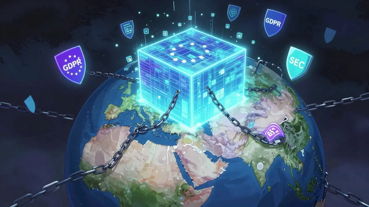 Anime concept art of blockchain data clashing with territorial legal borders and chains