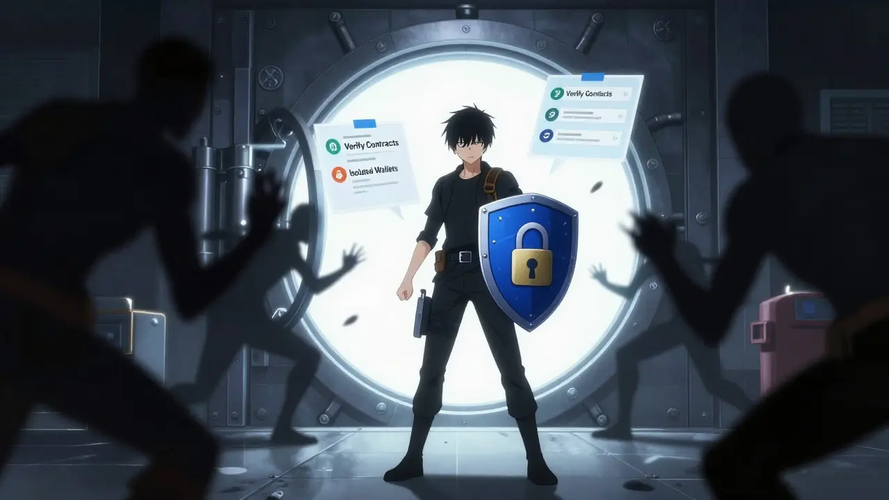 Anime figure protecting a digital wallet from cyber threats