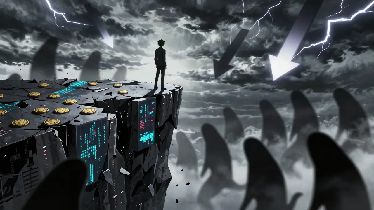 Anime figure standing on a crumbling cliff representing crypto risk.