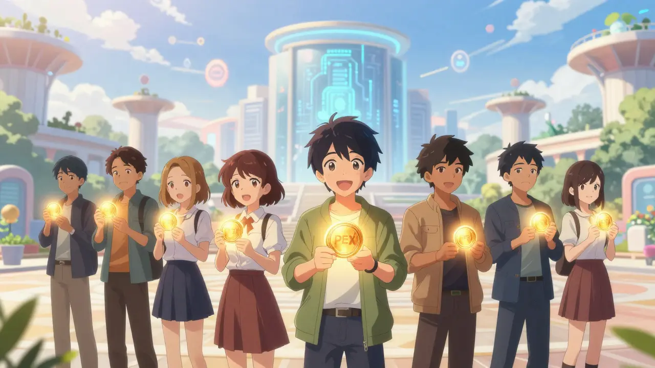 Anime group holding glowing tokens in a virtual DAO plaza